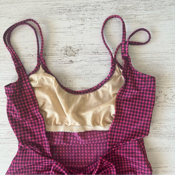 VINTAGE 80s Gingham High Cut Bow One Piece Swimsuit Dunkis of New York Hot Pink - Picture 7 of 14